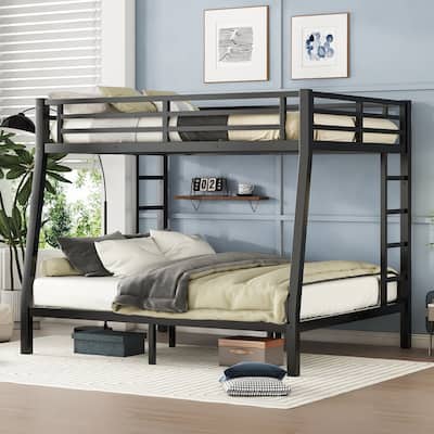 Full XL over Queen Size Metal Bunk Bed with Space-Saving Design and Ladder for Teens