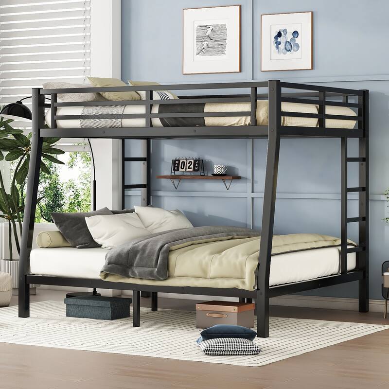 Metal Bunk Bed with Space-Saving, Noise Reduced and Ladder for Teens and Adults - Full XL over Queen - Black