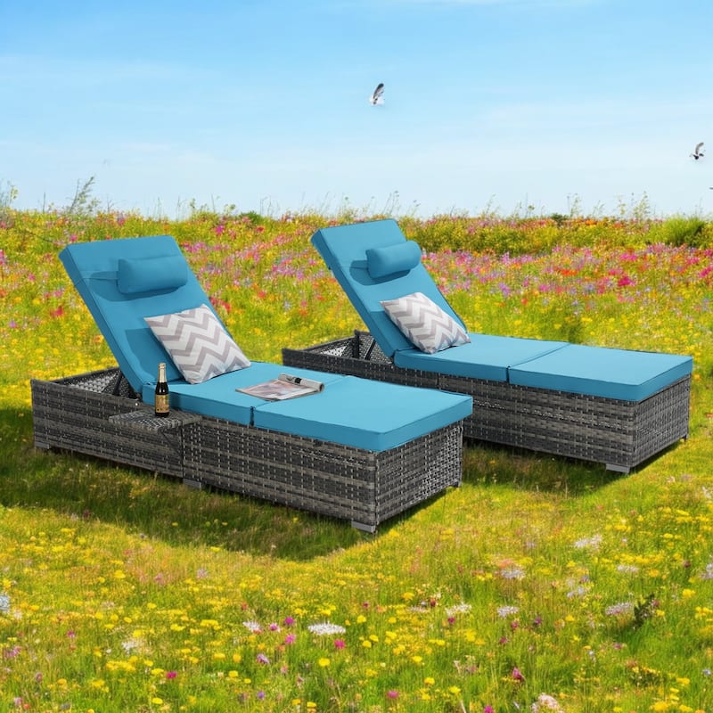 Outdoor Chaise Lounge Chair Set of 2 with Cushions and Adjustable Backrest – PE Rattan Recliners for Patio, Poolside, Garden