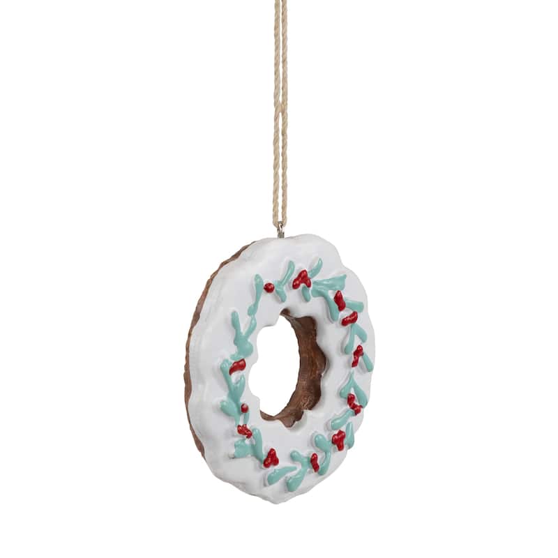 3" White Frosted Donut with Pine and Berry Christmas Ornament
