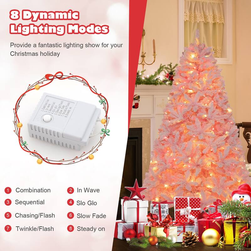 Gymax 6FT Pink Artificial Christmas Tree Pre-lit Hinged Snow Flocked