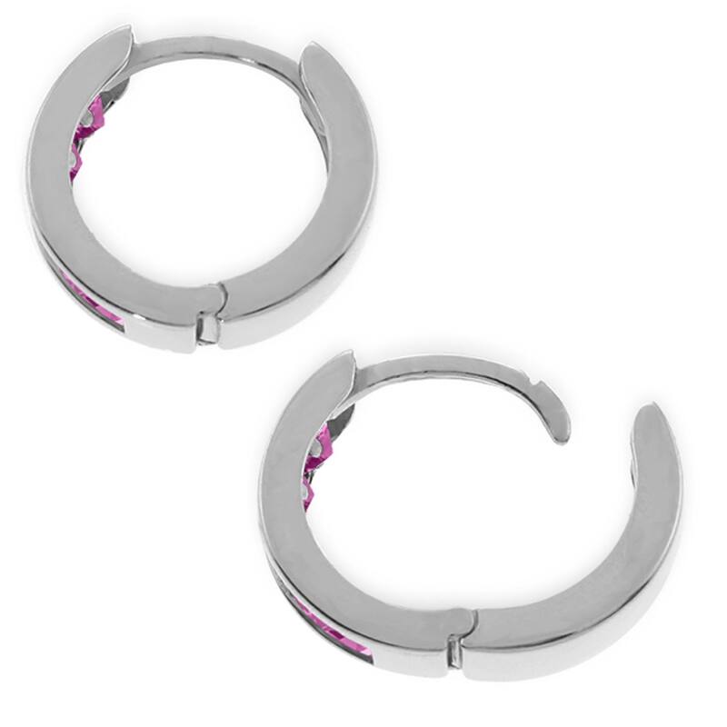 14K Solid Gold Hoop Huggie Gemstone Earrings w/ Pink Sapphires