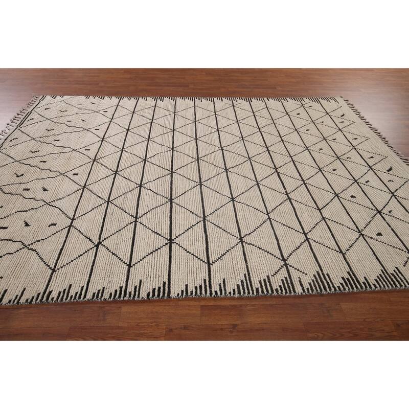 Trellis Moroccan Area Rug Hand-Knotted Oriental Beige Wool Carpet - 6'11"x 10'3"