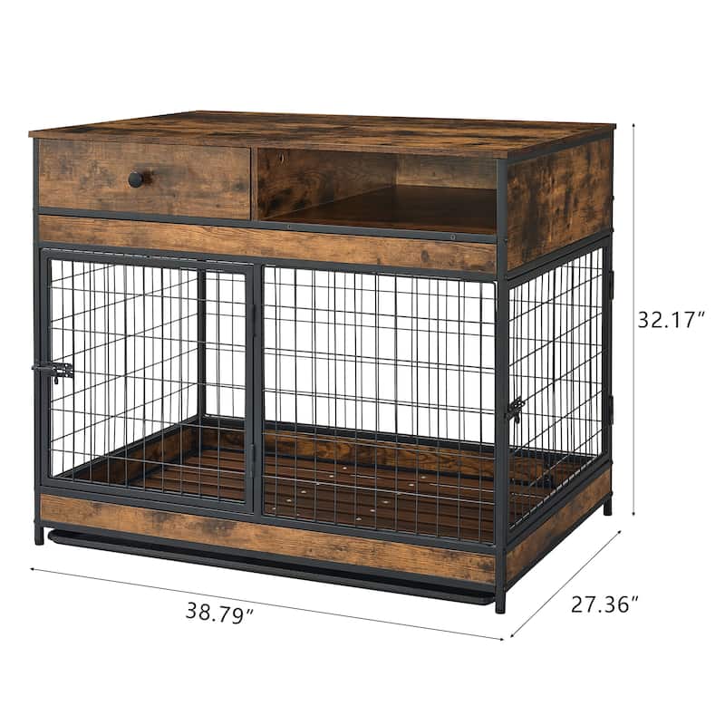 Roomfitters Dog Cage Crate with Two Doors and Drawer, Antique Brown