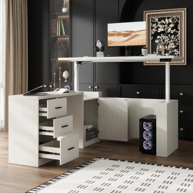 63" L Shaped Electric Standing Desk with Storage Drawers – Height Adjustable Executive Desk, Dark Brown Wood