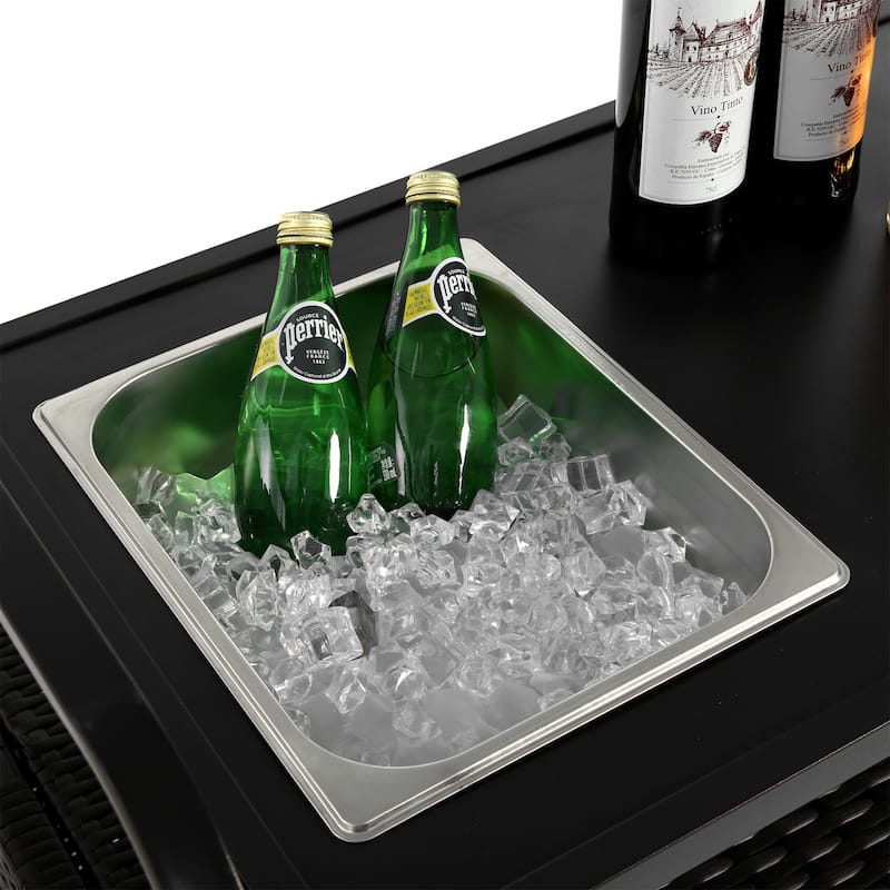 Outdoor Wicker Bar Cart with Steel Top, Ice Bucket,Lockable Wheels