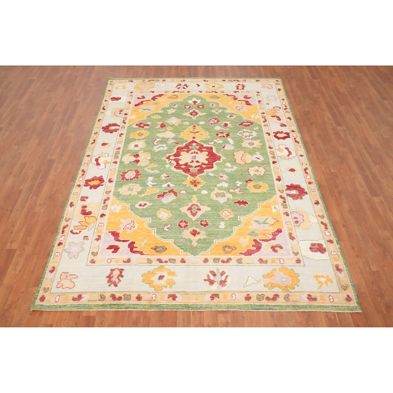 Hand Knotted Oriental 100% Wool Carpet Transitional Floral Green Oushak Area Rug - 9' 9'' X 6' 11''