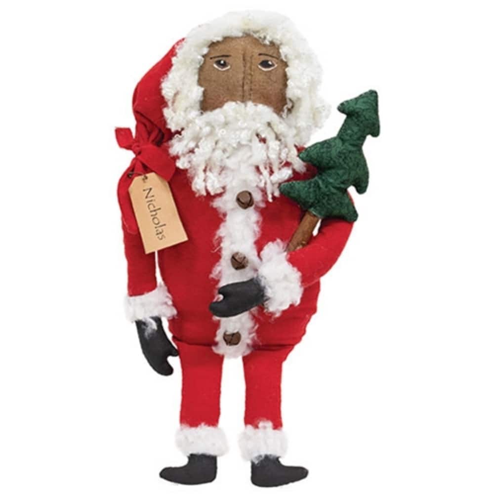 Primitive Nicholas Doll with Tree Plush Christmas Decor Freestanding Santa Figure - 16” high by 7” wide by 4” deep