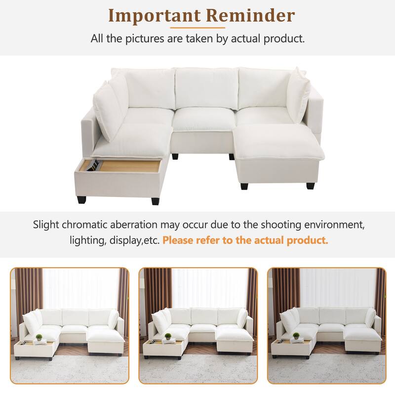 90" Chenille U-Shaped Sectional Sofa with Movable Ottoman, Coffee Table with Hidden Charging Devices, and Free Configurations