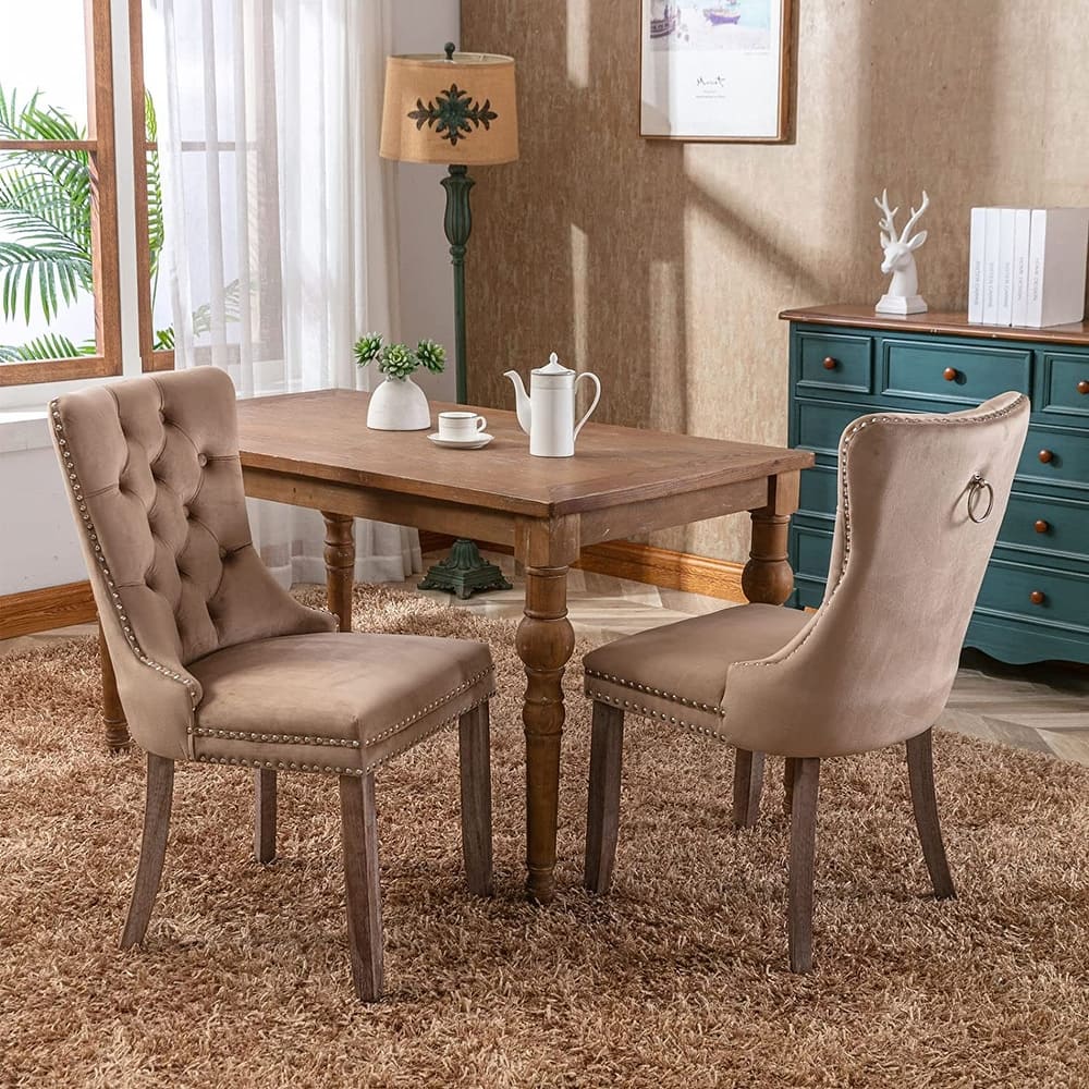 Set of 2 Modern Glam Velvet Dining Chairs - Armless TuftedAccent Side Chairs with Nailhead Trim & Ring Handle