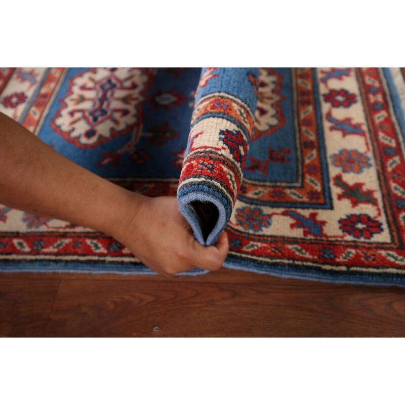 Geometric Blue Kazak Accent Rug Handmade Wool Carpet - 2'0" x 3'1"