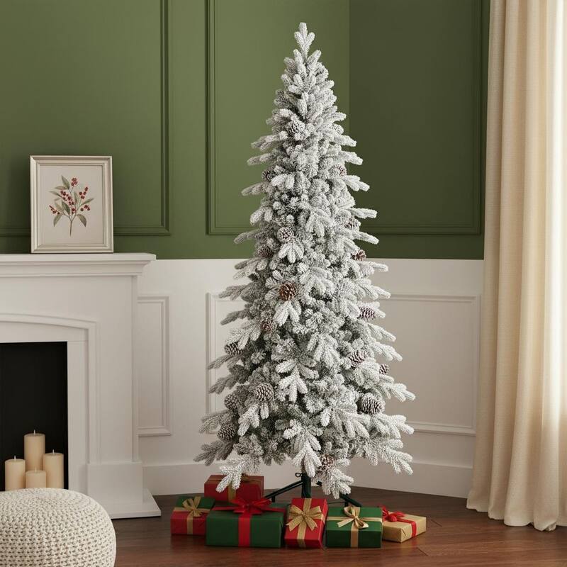HomeRoots 9' White Full Flocked Fir Christmas Tree With Decorations - 58.00 in. x 108.00 in. x 58.00 in. - White - 9 Foot
