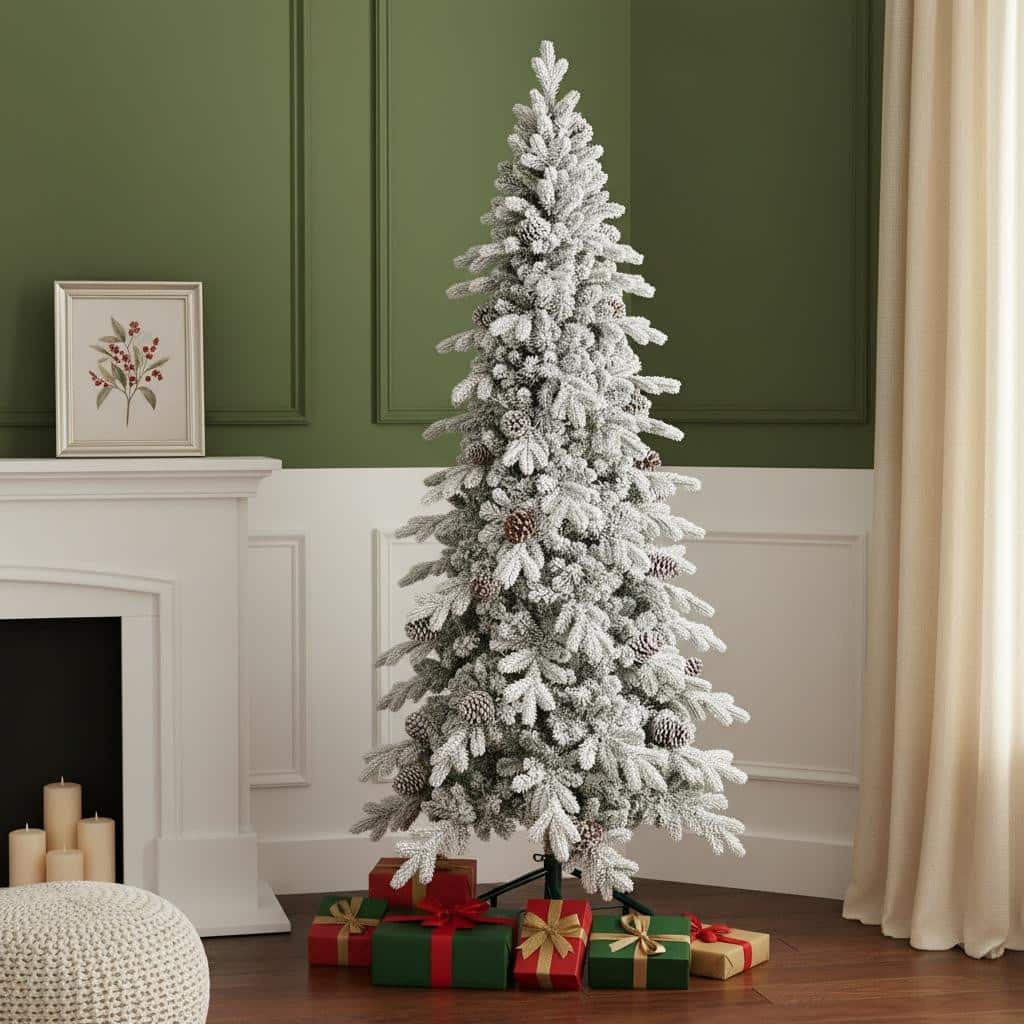 HomeRoots 9' White Full Flocked Fir Christmas Tree With Decorations - 58.00 in. x 108.00 in. x 58.00 in.