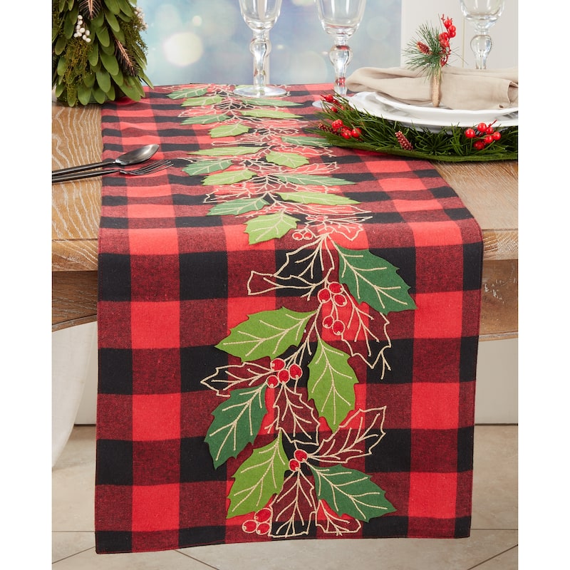 Rustic Buffalo Plaid Holly Leaves Table Runner - 16"x70"