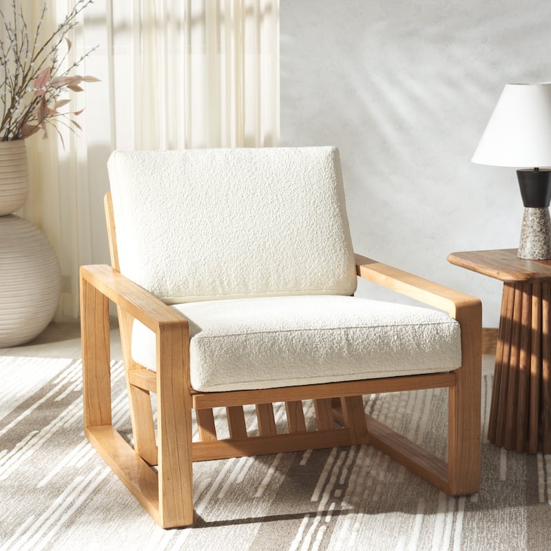 SAFAVIEH Couture Decarlo Boucle Wooden Frame Accent Chair - 30"W x 33"D x 27"H - Beige/Natural