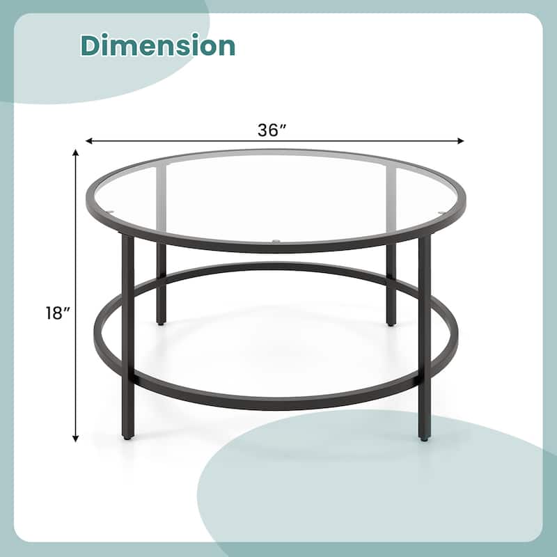 Tempered Glass Round Coffee Table with Metal Frame and 110 lbs Capacity - 35.5" x 35.5" x 18"