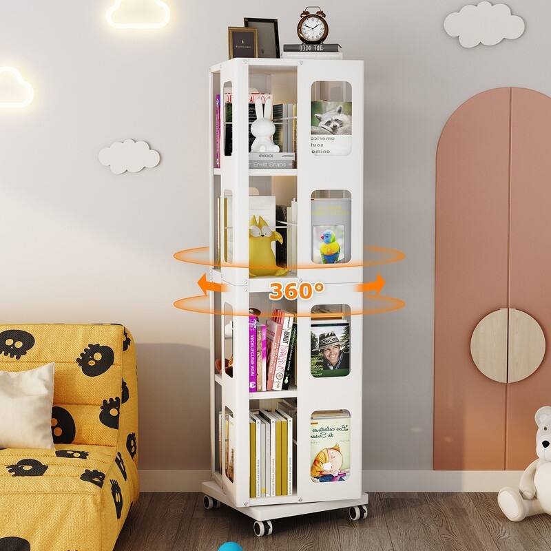 Rotating Bookshelf Tower 4 Tier All-Steel with 360° Wheels，Moveable Storage Rack Corner Bookshelf