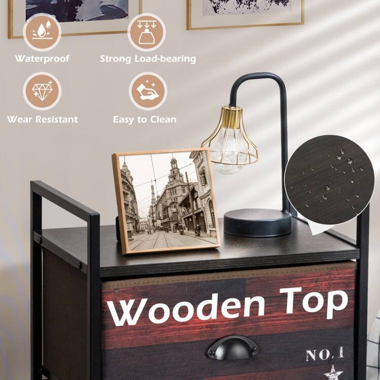 Dark Brown Fabric 4-Drawer Storage Tower with Metal Frame MDF Top and Adjustable Feet for Bedroom Closet or Office