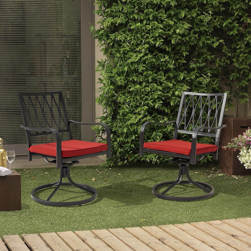 Outdoor 2-Piece Metal Swivel Dining Chairs with Red Cushions