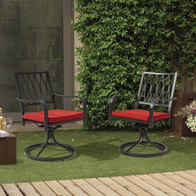 Outdoor 2-Piece Metal Swivel Dining Chairs with Red Olefin Cushions - Black