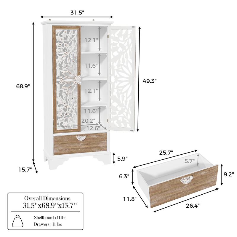Solid Wood Tall Storage Cabinet, 31.5" Farmhouse Distressed White Carved Armoire with Shelves and Drawer - 31.5"x68.9"
