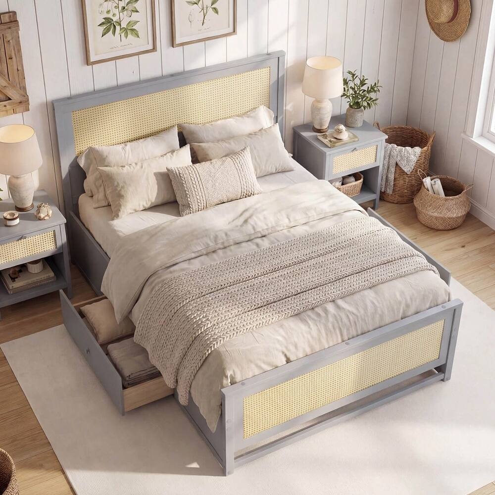 Full Rattan Bed Frame Storage Drawers Rattan Woven Headboard Footboard