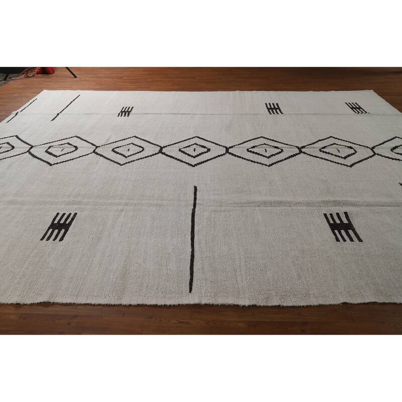 Hand Woven Oriental Cotton Carpet Southwestern Tribal Beige & Ivories Kilim Area Rug - 13' 3'' X 9' 11''