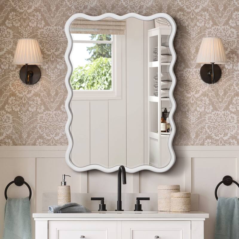 Mia Solid Wood Wavy Rectangle Wall Mirror with HD Reflection and Artistic Frame Design by GDFStudio - 40" x 28"