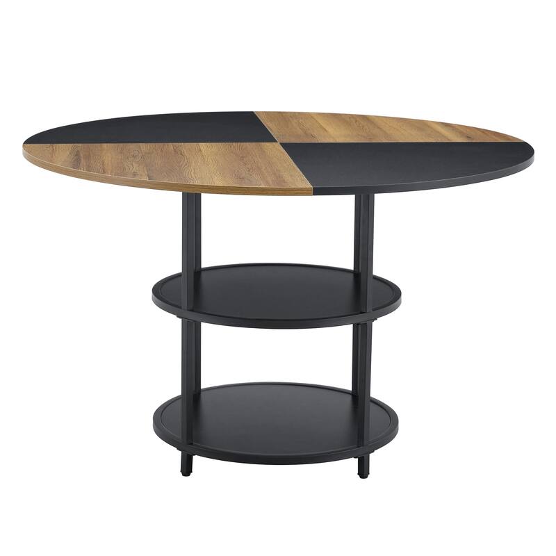 Roomfitters 47 Inch Round Dining Table with Double-Layer Storage and Diagonal Wood Black Top for Modern Spaces, Black+Wood