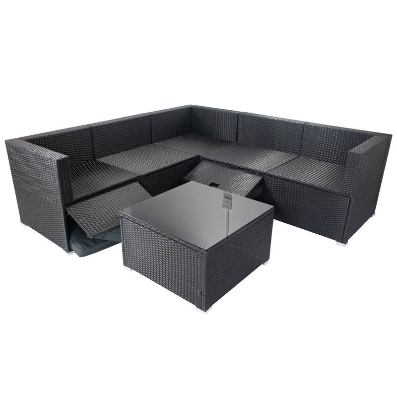 6Pieces Outdoor PE Rattan sectional Cushioned Sofa Set with 3 Storage