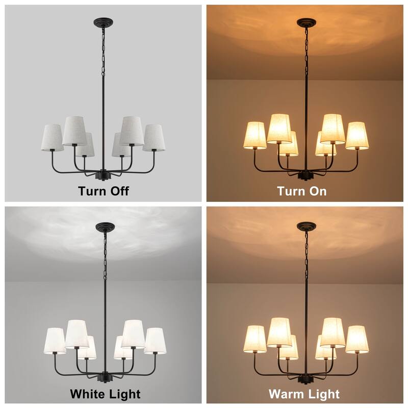 6-Light Metal Chandelier with White Linen Shades