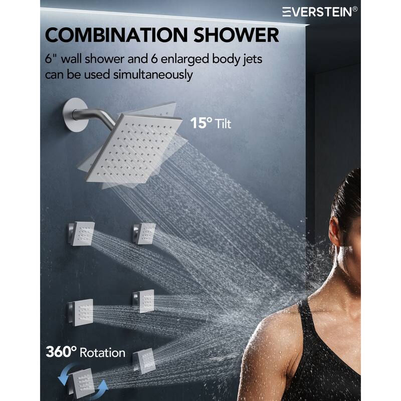 Shower Faucet Set Dual Heads with 3 Spray Modes 16" Ceiling and 6" Wall Mount Body Jets Handheld Spray LED Music