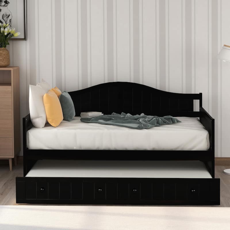 Twin Size Platform Bed Daybed with Trundle Bed, Classic Beadboard and Arched Silhouette Design for Living Room, Bedroom - Espresso - Twin
