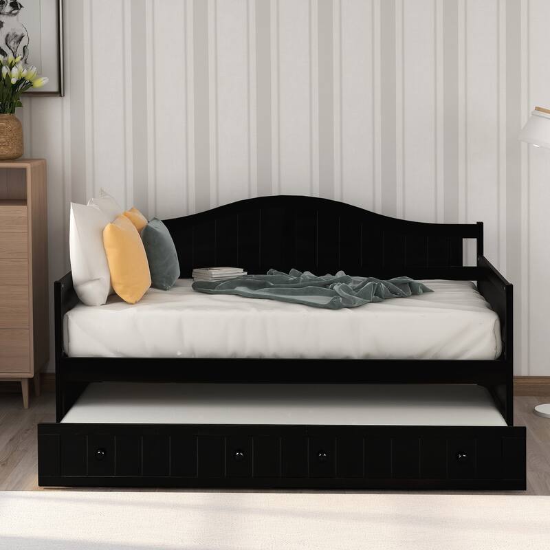 Wood Daybed Twin Size with Trundle Bed, Solid Wooden Sofa Bed Frame