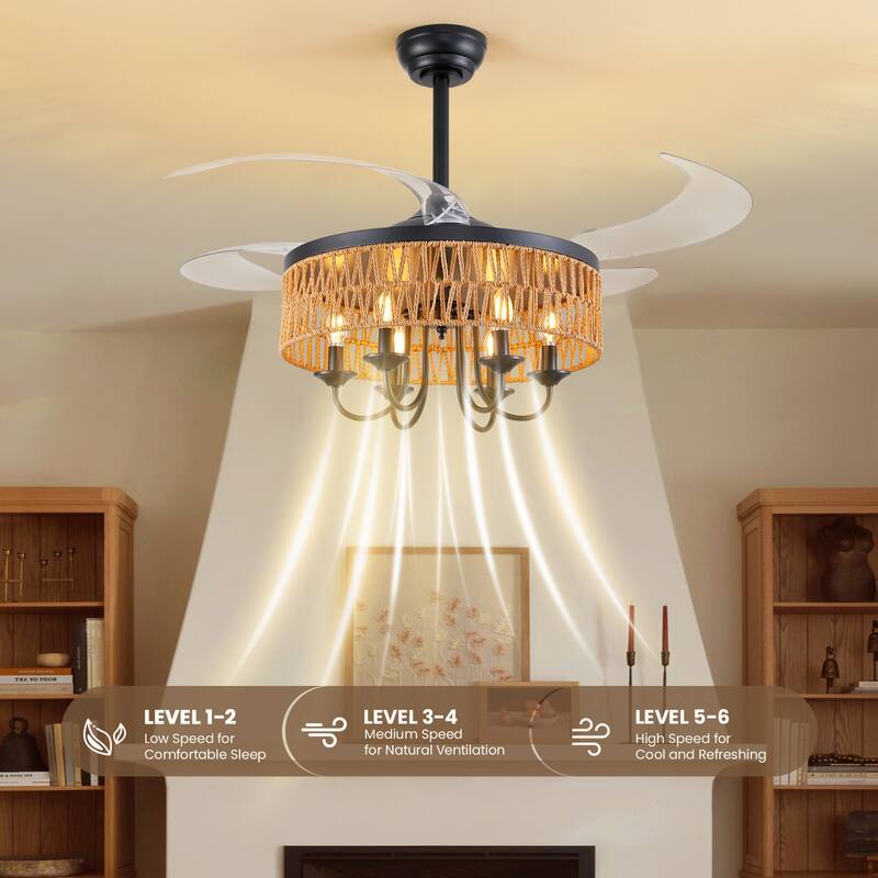 40" Boho Rattan Retractable Drum Ceiling Fan with Light and Remote - 40''-6 Lights