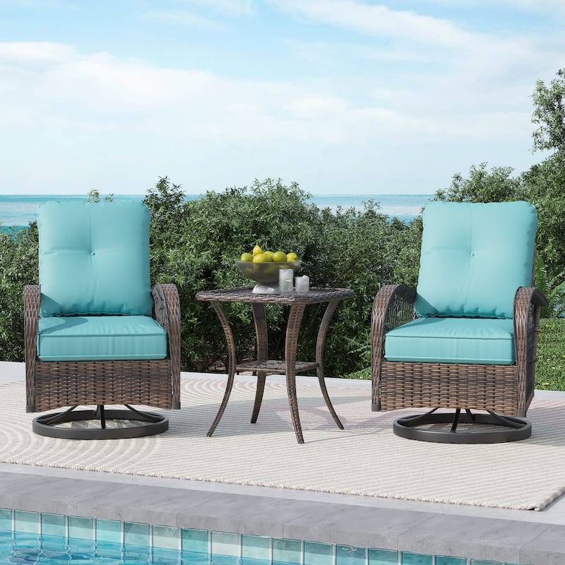 EROMMY Outdoor 3 Pieces Swivel Rocker Patio Chair Sets with Glass Table, All-Weather Wicker & Thickened Cushions for Backyard - 3-Piece - LightBlue