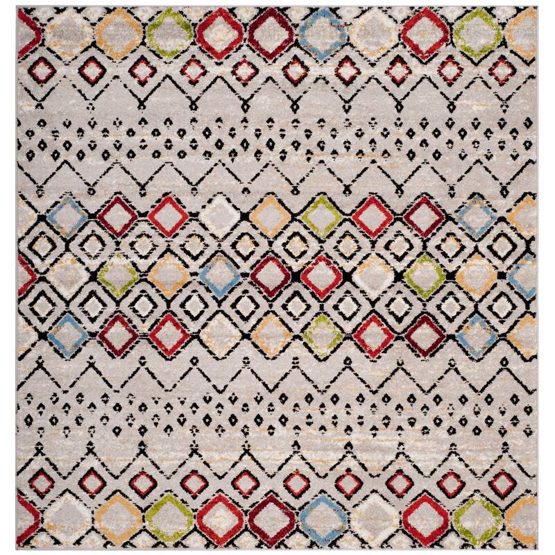 SAFAVIEH Amsterdam Iskra Moroccan Boho Rug - 10' Square - Light Grey/Multi