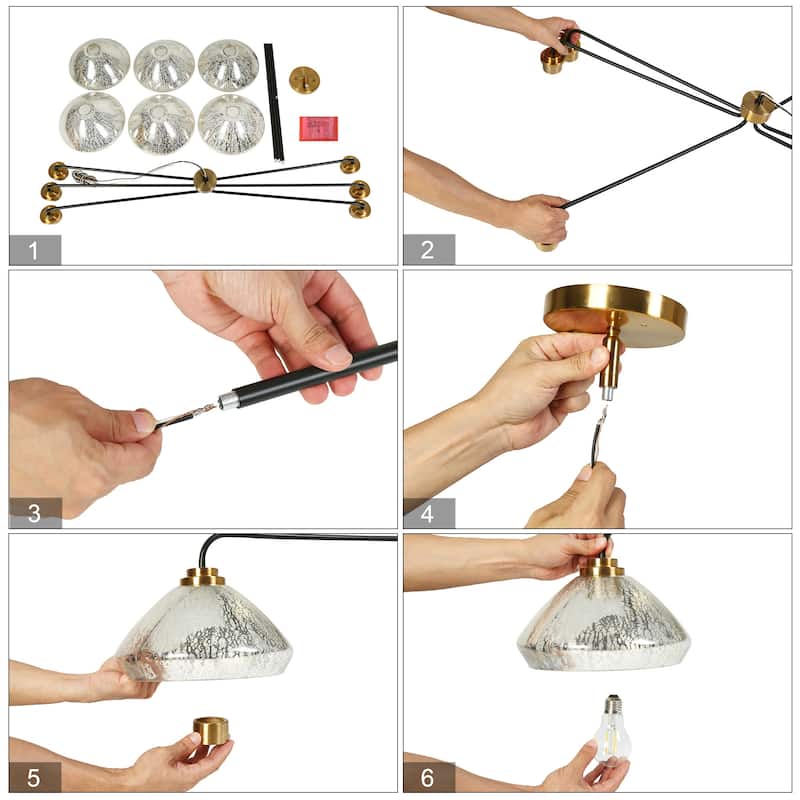 Modern Glam 6-Light Chandelier Bowl-Shape Mercury Glass Chandelier Light Fixture for Dining Room - 51.2" D × 10.2" H