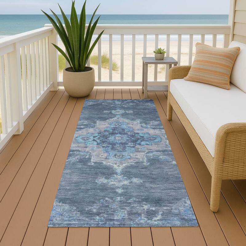 Machine Washable Indoor/ Outdoor Traditional Tabriz Chantille Rug - Blue - 2'3" x 7'6"