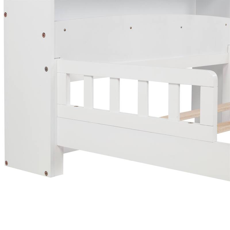 Twin Size Pine Bed w/ Bookcase Headboard ,LED Sensor Light, Guardrails