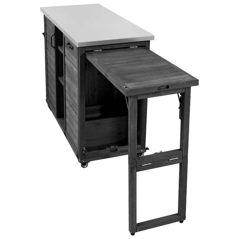 78.3" Outdoor Kitchen Island with Foldable Grill Table, Wooden Outdoor Grill Cart with Trash Can Storage & Stainless Steel Top