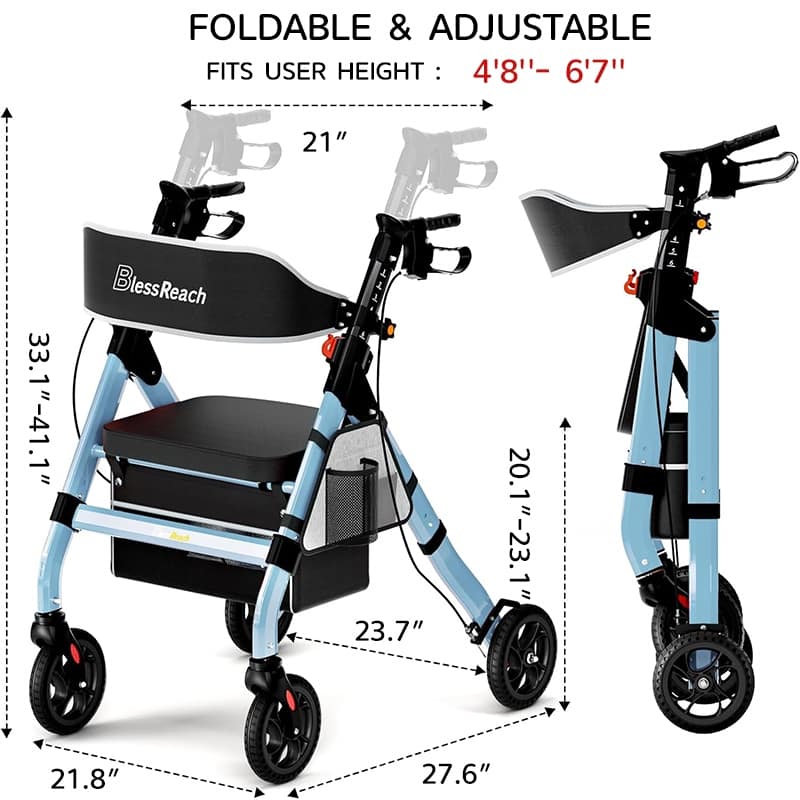 Foldable Rollator Walkers with Seat for Seniors, 450 lb Capacity, 8" Wheels, 18" Big Seat, 6-Position Adjustable Height