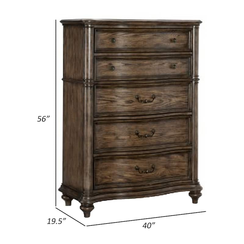 Deborah 56 Inch Tall Dresser Chest, 5 Drawers, Drop Handles, Brown Wood