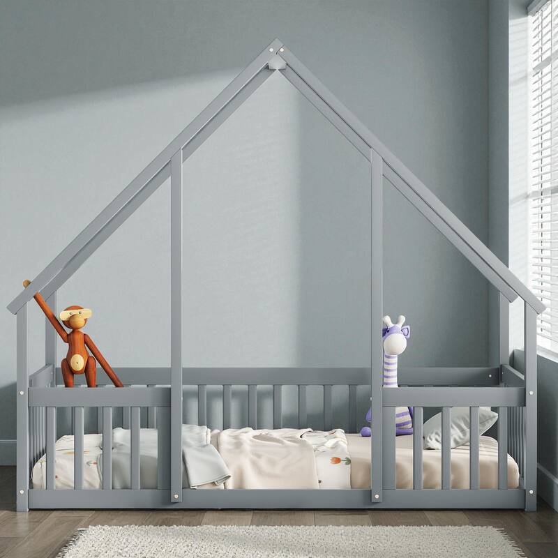Twin/Full Size Wooden House-Shaped Floor Bed with Fence and Guardrails, Kids Montessori Bed with Roof Frame - Grey - Twin