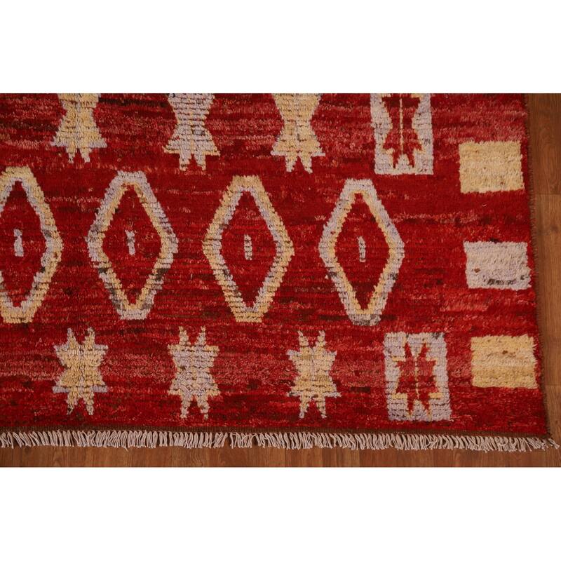 Hand Knotted Oriental 100% Wool Carpet Modern Tribal Red Moroccan Area Rug - 9' 8'' X 6' 10''