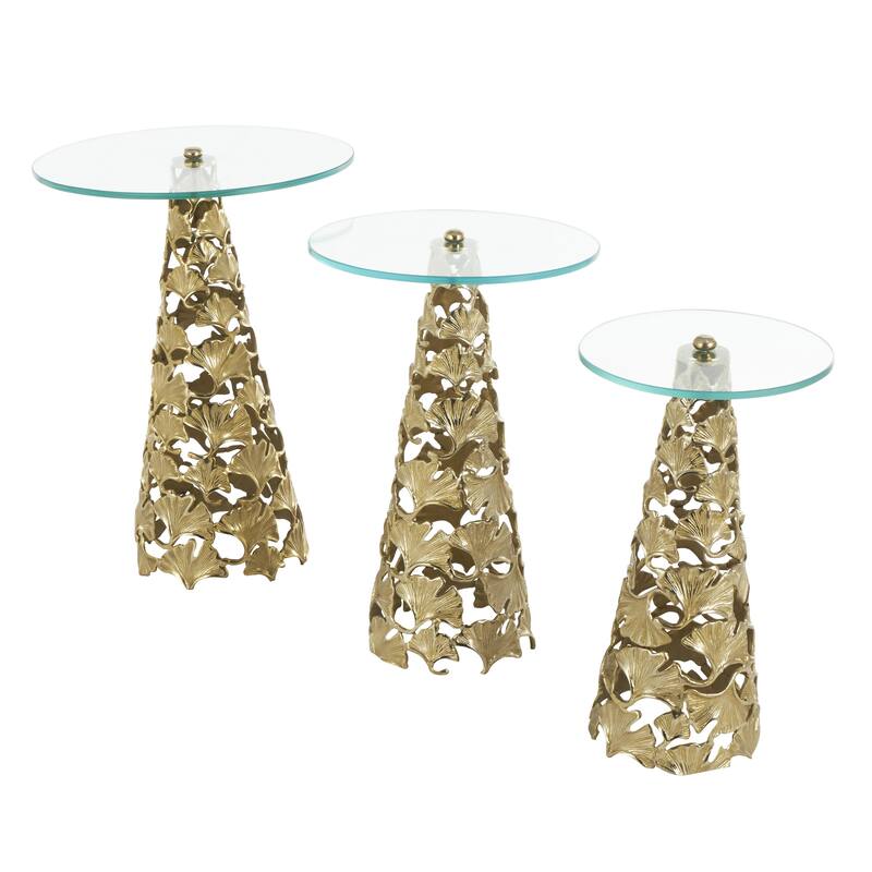Gold or Silver Aluminum Metal Cutout Cone Shaped Floral Side End Accent Table with Tempered Glass Tabletop (Set of 3)