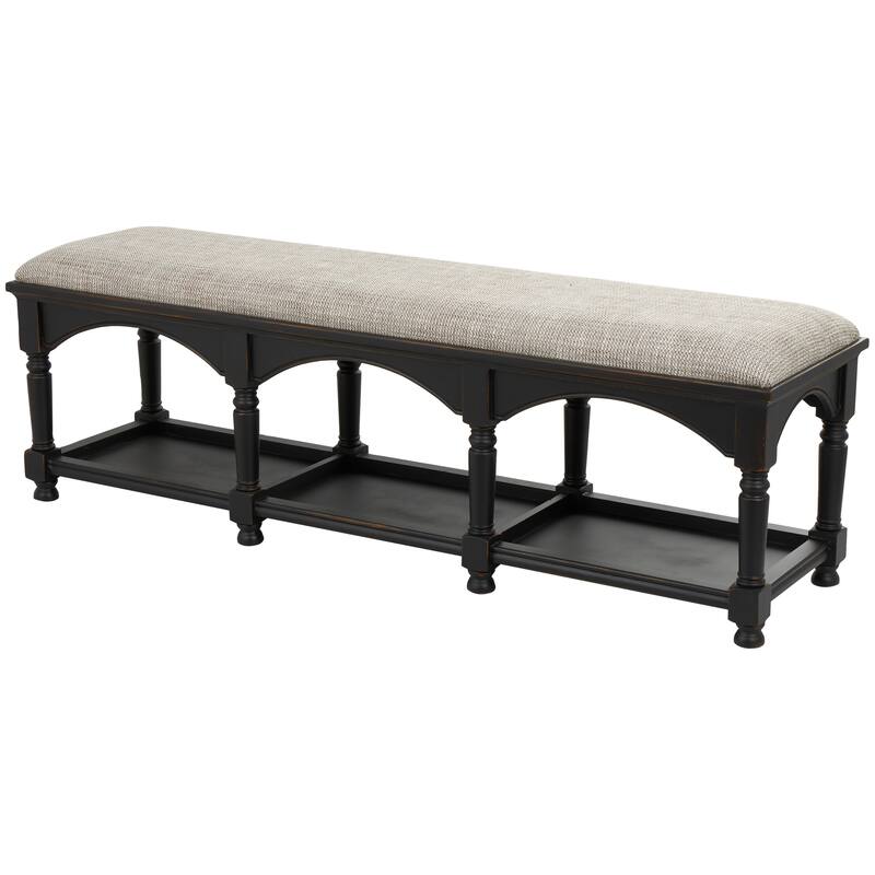 Fabric Arched Storage Bench with Traditional Turned Legs and Beige Cushion - Black - Roche River Decor - 16"Wx59"Lx19"H