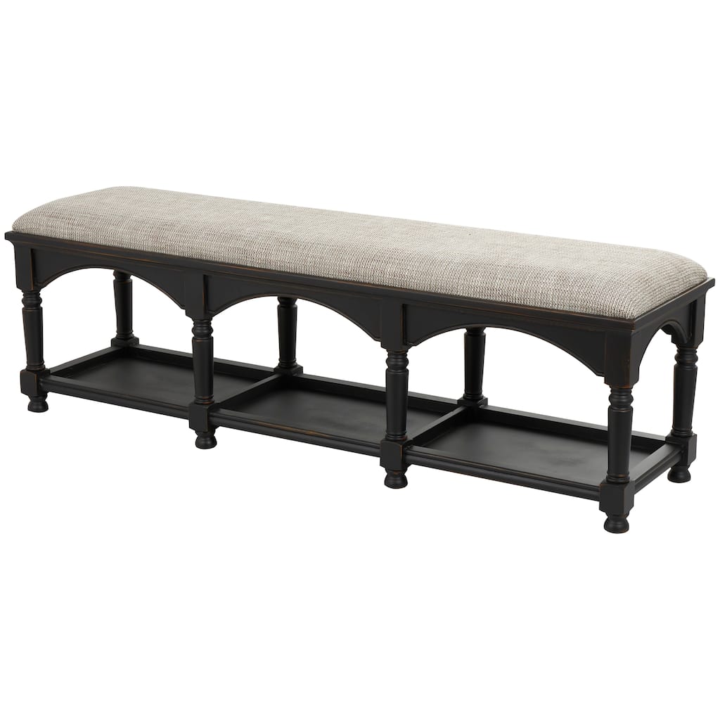 Fabric Arched Storage Bench with Traditional Turned Legs and Beige Cushion - Black - Roche River Decor - 16"Wx59"Lx19"H