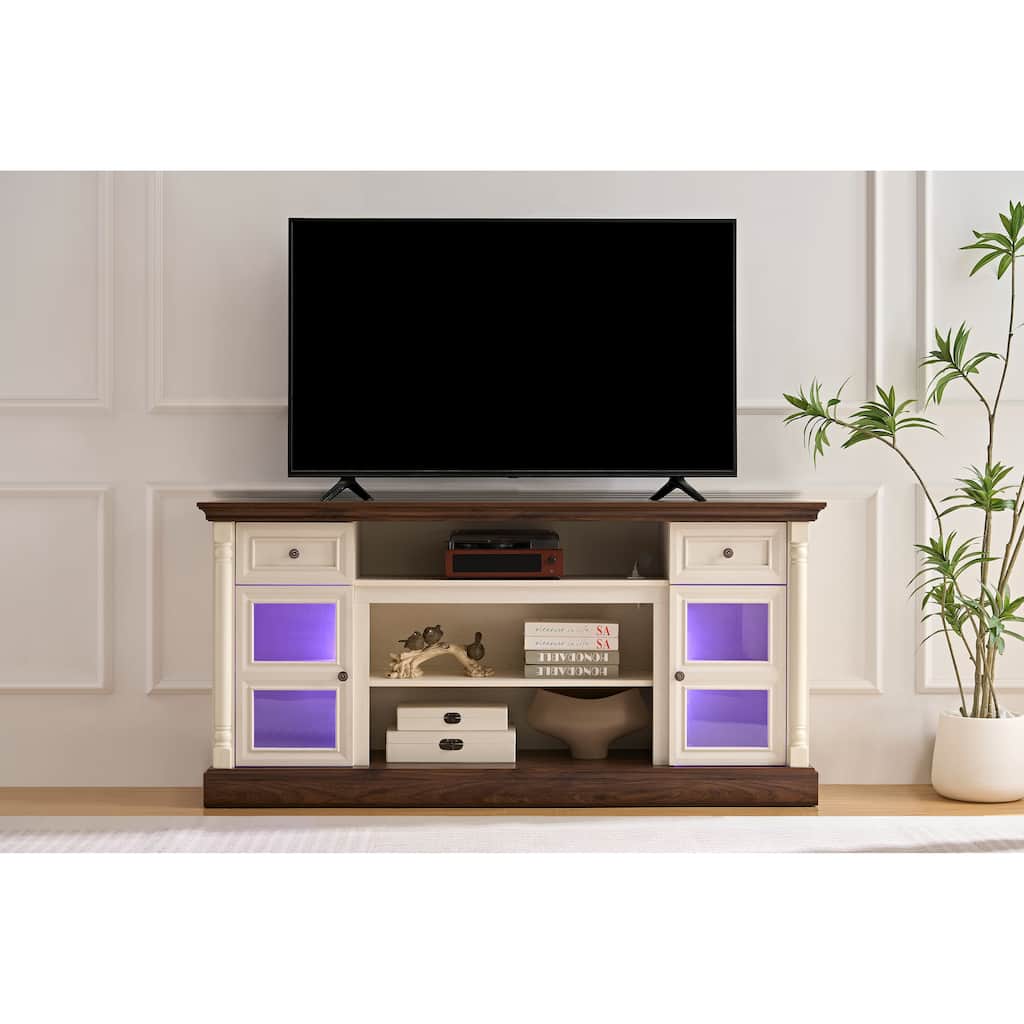 Farmhouse-Style Roman Column Styling Fireplace TV Stand with LED Lights, Glass Door Cabinets and Drawers, for Living Room