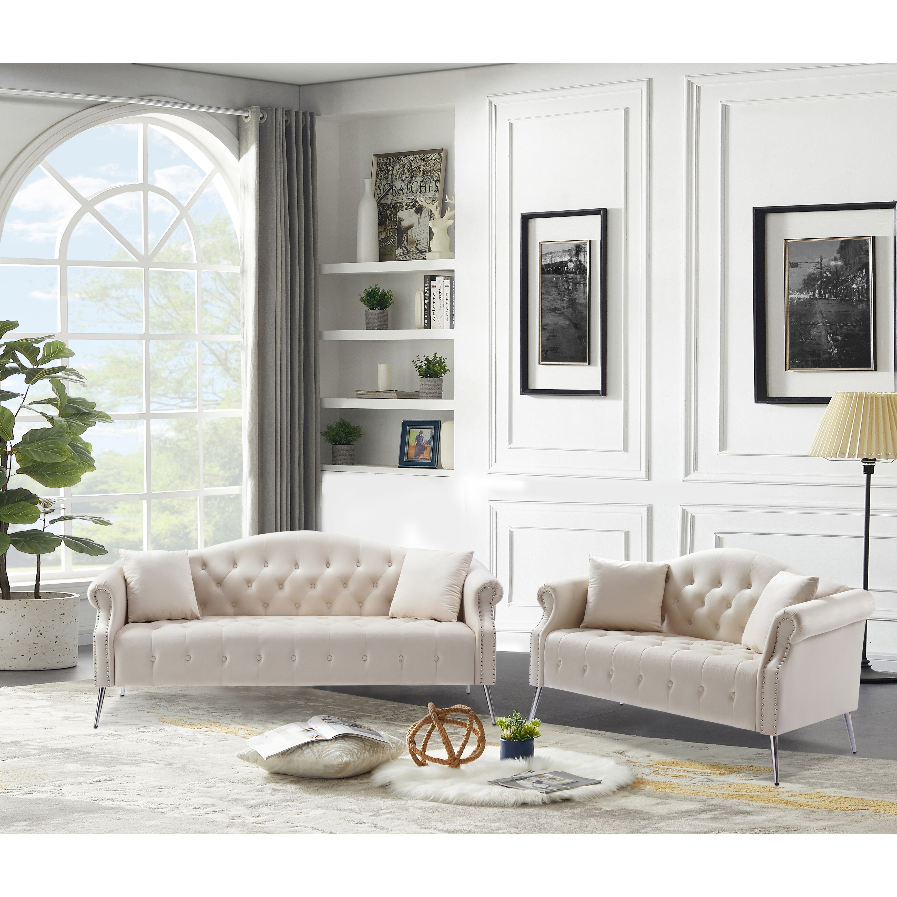 Contemporary Upholstered Couch Button Tufted Nailhead Trimming
